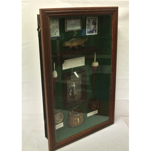 188 - Selection of fishing memorabilia in glazed case