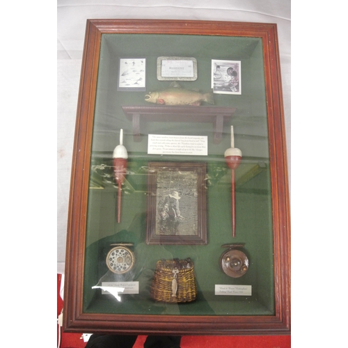 188 - Selection of fishing memorabilia in glazed case