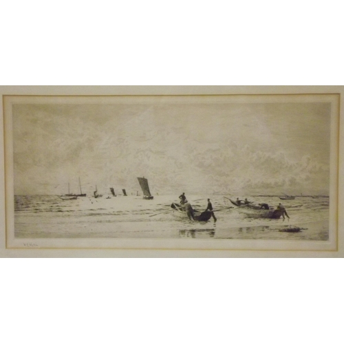 227 - W L Wyllie 'Launching the boats' etching 20x48cm signed