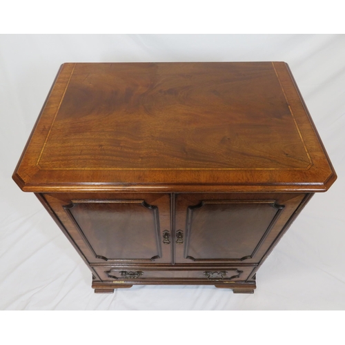 10 - Edwardian inlaid mahogany drinks cabinet with fall-down front, brass drop handles, on bracket feet