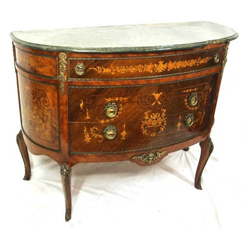 105 - Louis XV style inlaid and crossbanded mahogany and satinwood bow fronted cabinet with marble top, fr... 