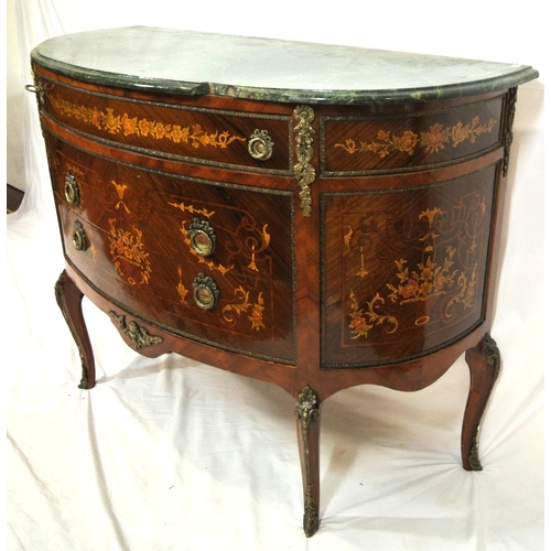 105 - Louis XV style inlaid and crossbanded mahogany and satinwood bow fronted cabinet with marble top, fr... 