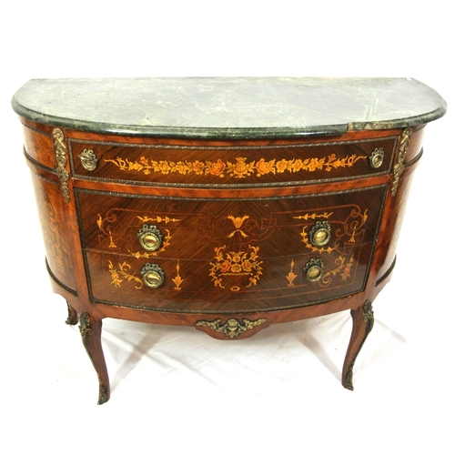 105 - Louis XV style inlaid and crossbanded mahogany and satinwood bow fronted cabinet with marble top, fr... 