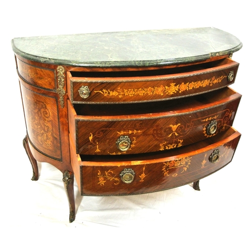 105 - Louis XV style inlaid and crossbanded mahogany and satinwood bow fronted cabinet with marble top, fr... 