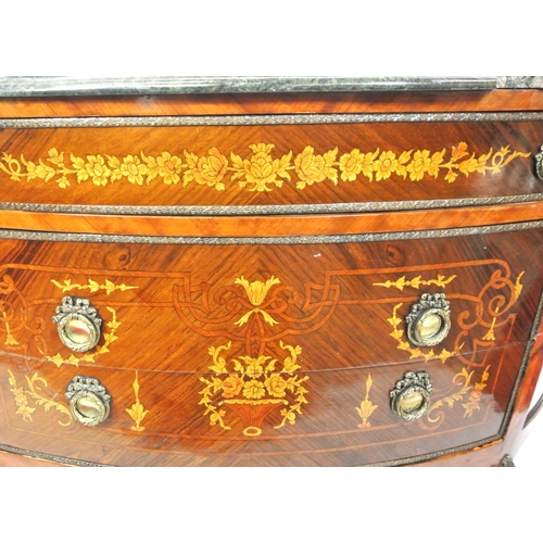 105 - Louis XV style inlaid and crossbanded mahogany and satinwood bow fronted cabinet with marble top, fr... 