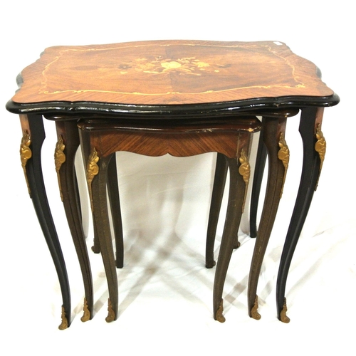 106 - Nest of three Louis XV style inlaid and crossbanded tables with ebonised serpentine borders, ornate ... 