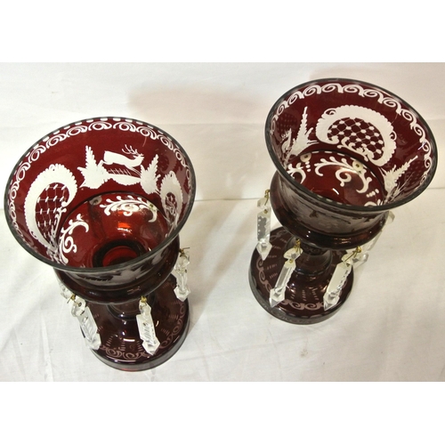 107 - Pair of Crenberry glass lustre vases with foliate etching and glass drops