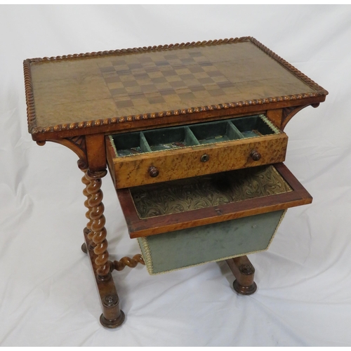 116 - William IV inlaid walnut work or sewing table with reeded border, chessboard inlay inset, frieze dra... 