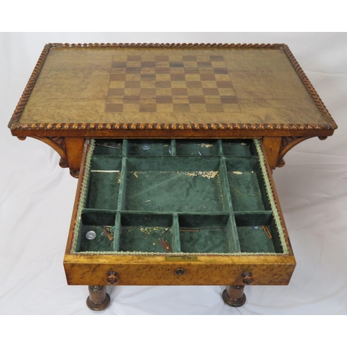 116 - William IV inlaid walnut work or sewing table with reeded border, chessboard inlay inset, frieze dra... 