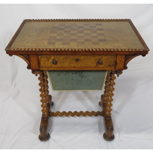 116 - William IV inlaid walnut work or sewing table with reeded border, chessboard inlay inset, frieze dra... 