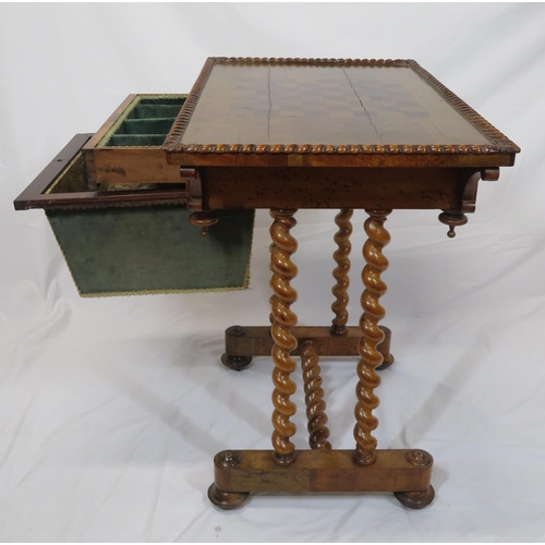 116 - William IV inlaid walnut work or sewing table with reeded border, chessboard inlay inset, frieze dra... 