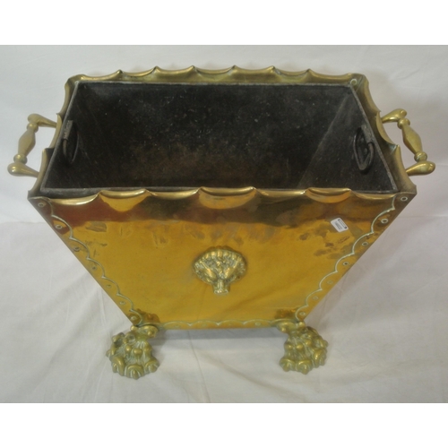 121 - Georgian style brass fuel box with liner, wavy rim, lion head mounts and shaped handles