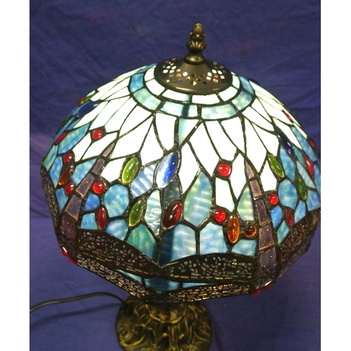 127 - Art Deco style electric table lamp with ornate multi-coloured shade, baluster column, on shaped roun... 