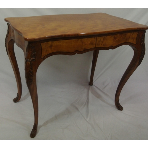 130 - Edwardian inlaid satinwood and walnut hall or side table with serpentine shaped top, double shaped f... 