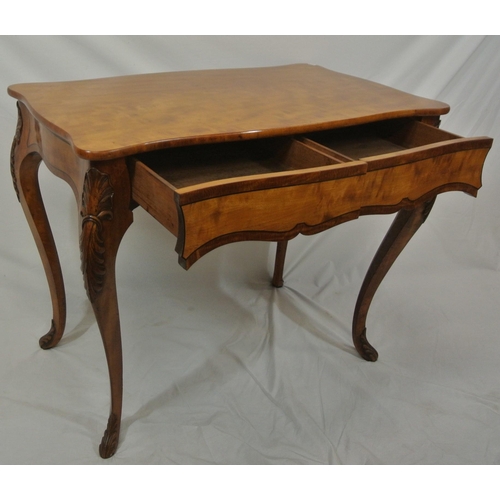 130 - Edwardian inlaid satinwood and walnut hall or side table with serpentine shaped top, double shaped f... 