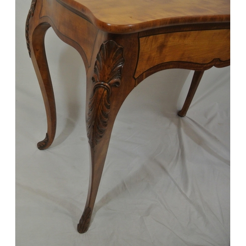 130 - Edwardian inlaid satinwood and walnut hall or side table with serpentine shaped top, double shaped f... 