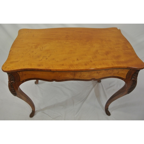 130 - Edwardian inlaid satinwood and walnut hall or side table with serpentine shaped top, double shaped f... 