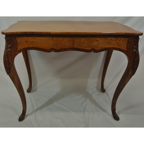 130 - Edwardian inlaid satinwood and walnut hall or side table with serpentine shaped top, double shaped f... 