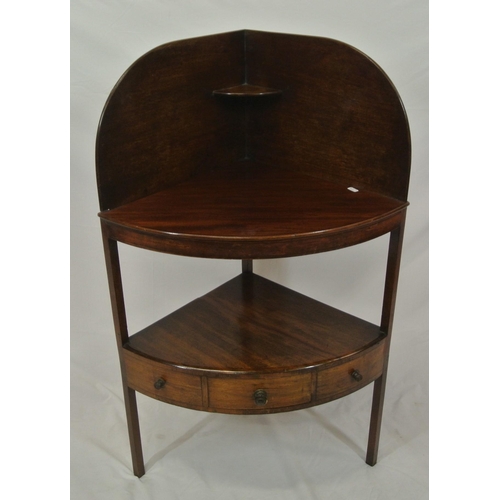 131 - Regency style two tier bow fronted mahogany corner whatnot with raised sides, frieze drawer, on squa... 