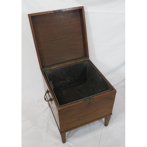 134 - Georgian style mahogany cellarette with lift-up lid, lined interior, brass drop handles with shaped ... 