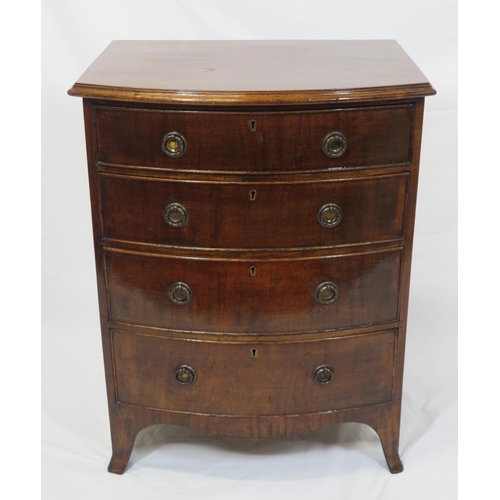 136 - Edwardian mahogany bowfronted chest of four drawers with round drop handles, on bracket feet