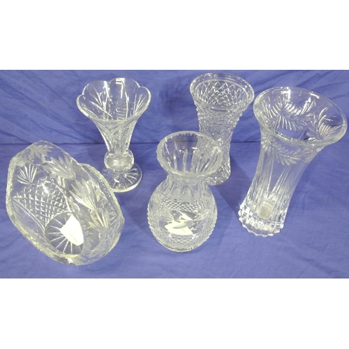 139 - Four cut glass flower vases and a cake basket