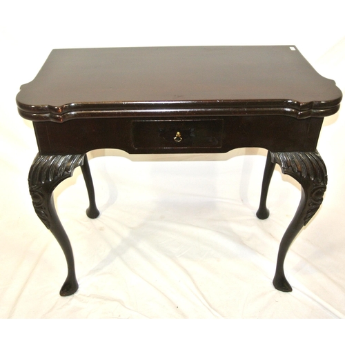 150 - George II mahogany card table with fold-over top, pull-out gateleg support, dog-ear corners with met... 