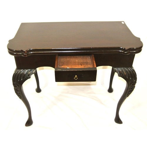 150 - George II mahogany card table with fold-over top, pull-out gateleg support, dog-ear corners with met... 