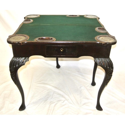 150 - George II mahogany card table with fold-over top, pull-out gateleg support, dog-ear corners with met... 