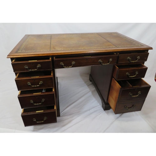 155 - Edwardian mahogany pedestal desk with leatherette top, three frieze drawers, six side drawers with d... 