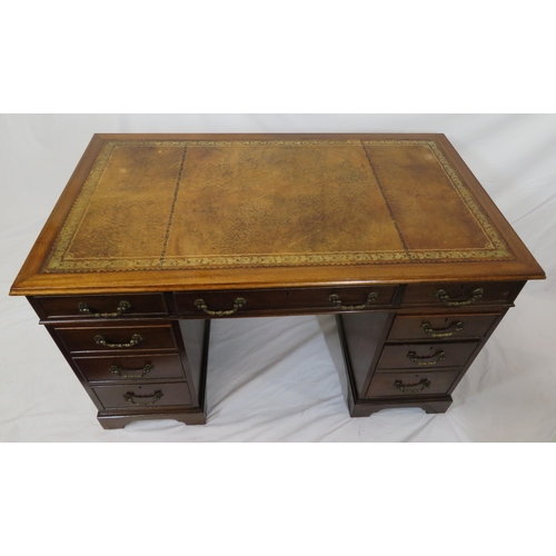 155 - Edwardian mahogany pedestal desk with leatherette top, three frieze drawers, six side drawers with d... 