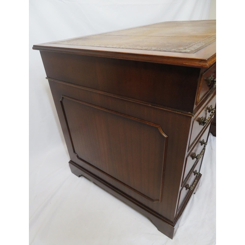 155 - Edwardian mahogany pedestal desk with leatherette top, three frieze drawers, six side drawers with d... 