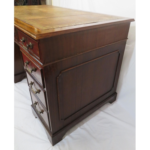 155 - Edwardian mahogany pedestal desk with leatherette top, three frieze drawers, six side drawers with d... 