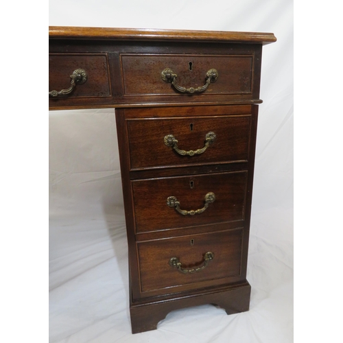 155 - Edwardian mahogany pedestal desk with leatherette top, three frieze drawers, six side drawers with d... 