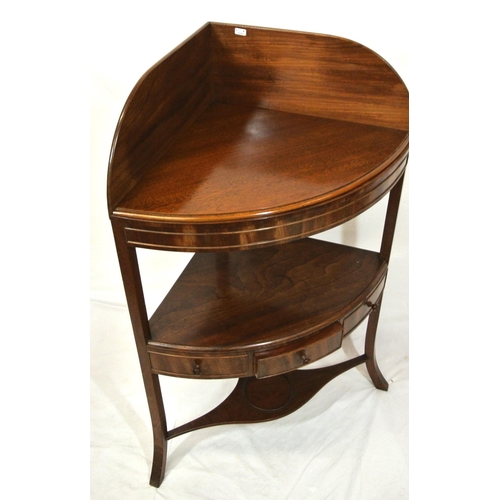 165 - Regency style mahogany two tier bow fronted corner wash stand with raised gallery, frieze drawer, sh... 