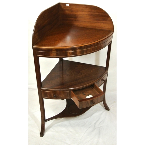 165 - Regency style mahogany two tier bow fronted corner wash stand with raised gallery, frieze drawer, sh... 