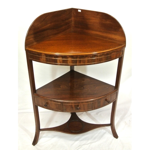 165 - Regency style mahogany two tier bow fronted corner wash stand with raised gallery, frieze drawer, sh... 