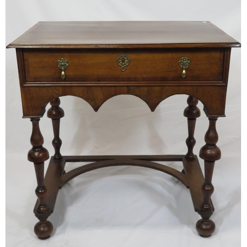 170 - William & Mary crossbanded walnut lowboy with frieze drawer, brass teardrop handles with foliate bac... 