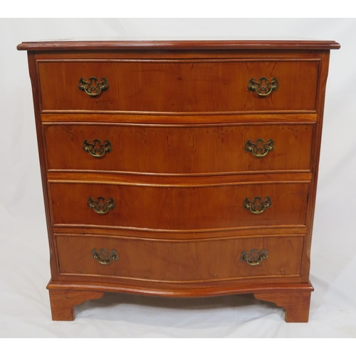 175 - Edwardian style yew serpentine fronted chest of four drawers with brass drop handles and pierced bac... 