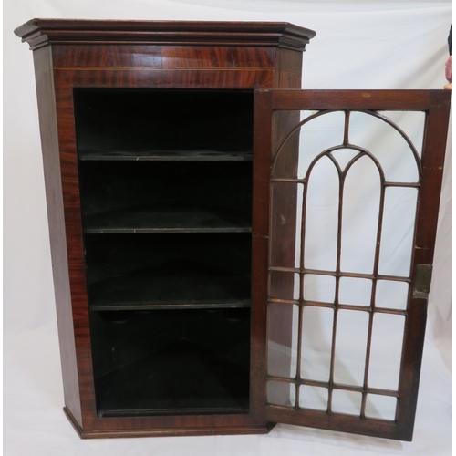 185 - Georgian inlaid mahogany corner wall cabinet with glazed door, shelved interior