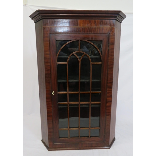 185 - Georgian inlaid mahogany corner wall cabinet with glazed door, shelved interior