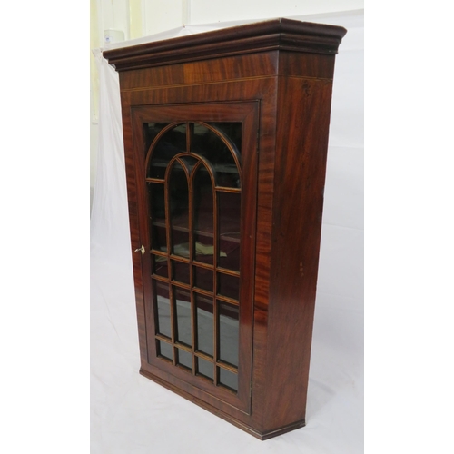 185 - Georgian inlaid mahogany corner wall cabinet with glazed door, shelved interior