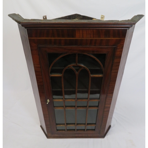 185 - Georgian inlaid mahogany corner wall cabinet with glazed door, shelved interior