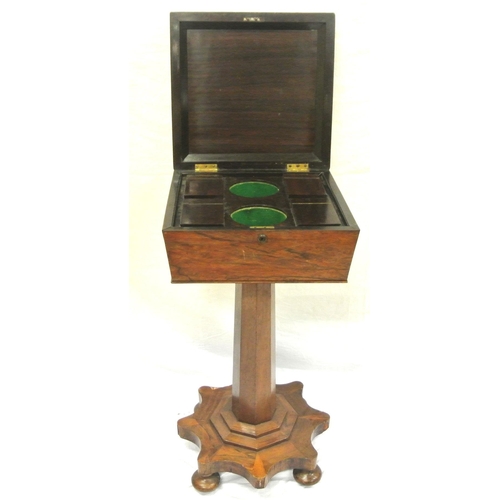 200 - William IV rosewood teapoy with sarcophagus stepped shaped lid, interior fitted with four canisters,... 