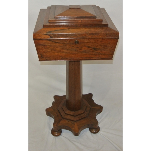 200 - William IV rosewood teapoy with sarcophagus stepped shaped lid, interior fitted with four canisters,... 