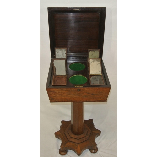 200 - William IV rosewood teapoy with sarcophagus stepped shaped lid, interior fitted with four canisters,... 