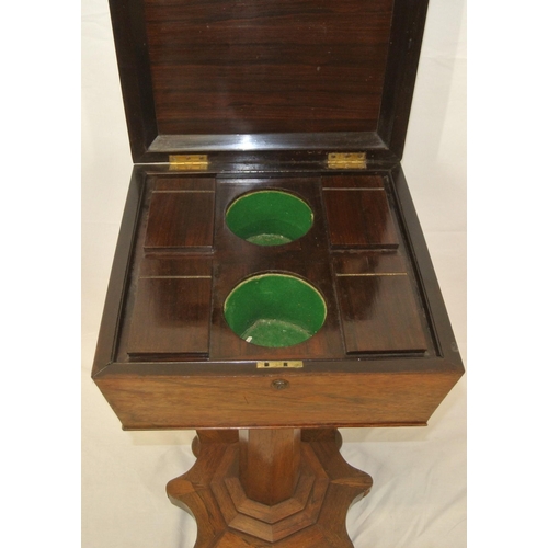 200 - William IV rosewood teapoy with sarcophagus stepped shaped lid, interior fitted with four canisters,... 