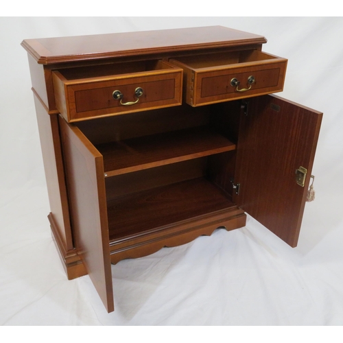 21 - Edwardian inlaid yew bookcase with two frieze drawers, brass drop handles, shelved interior, on brac... 