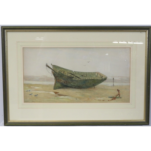 230 - Walter Fryer Stocks (1842-1915) 'Wreck on a shore' watercolour 22x42cm signed and dated 1876