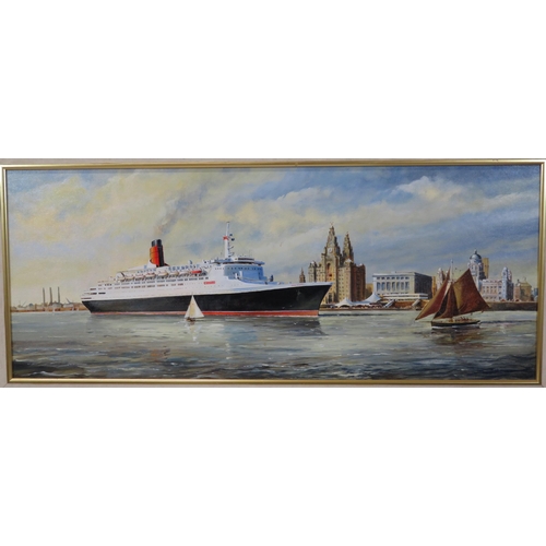 231 - David Wilson 'The Queen Elizabeth II visits Liverpool' acrylics on board 36x90cm monogrammed